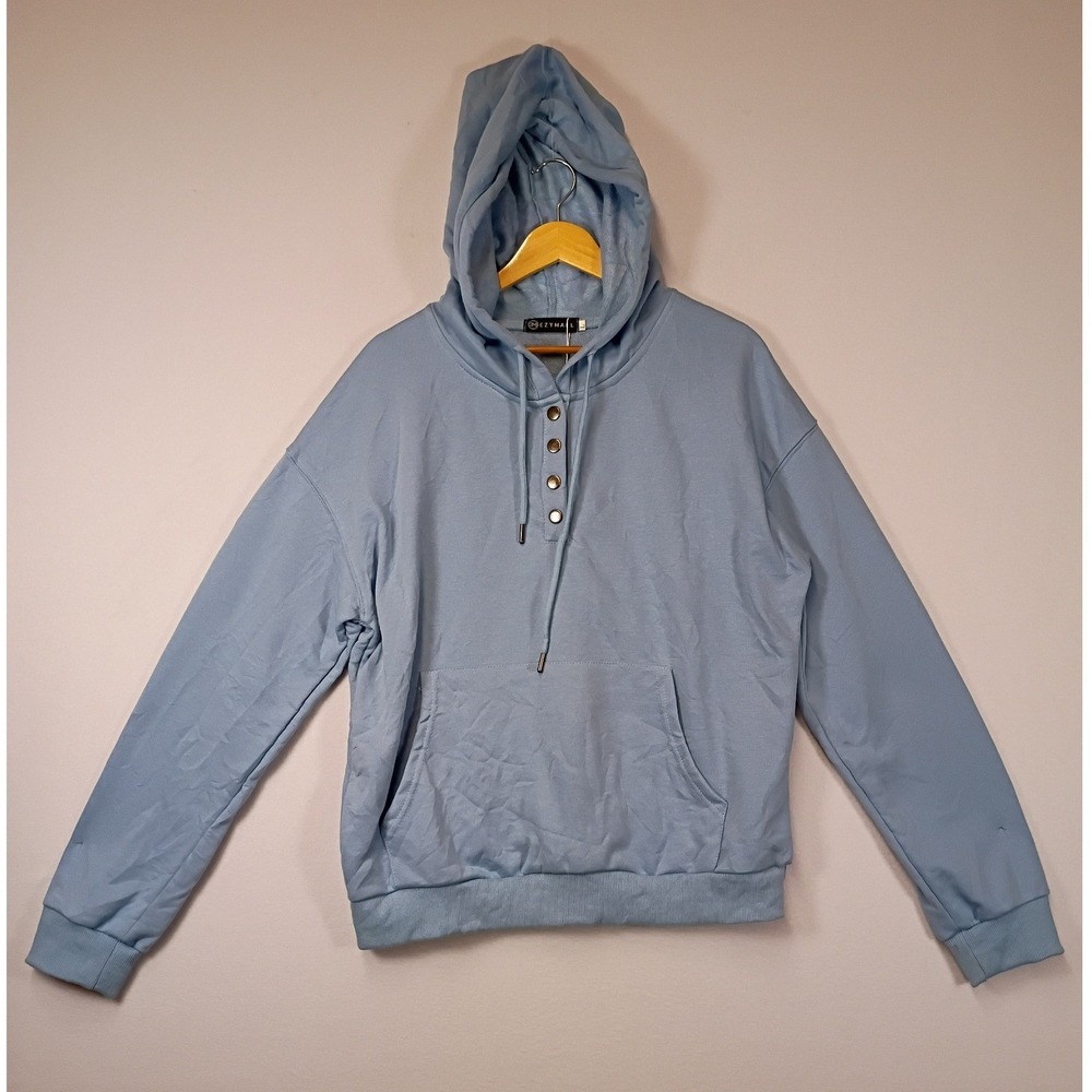 Coastal Casual Ezymall Women L Sky Blue Button Henley Drop Shoulder Hoodie